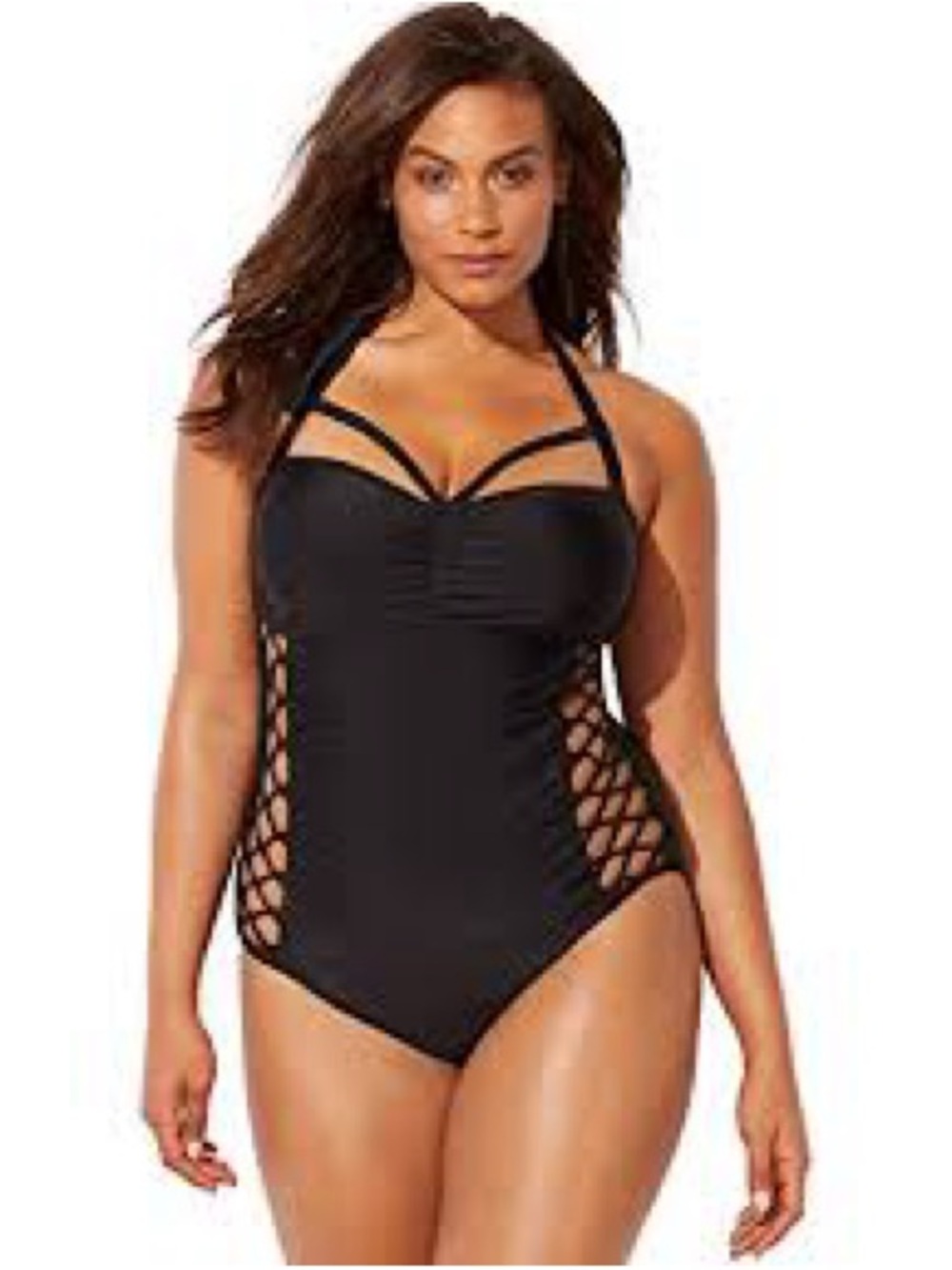 Swimsuits For All Ashley Graham Black Halter One-Piece with Side Lattice